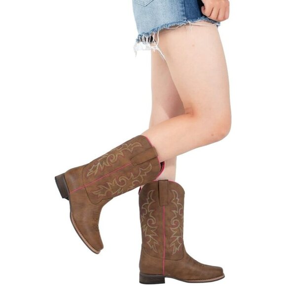 SheSole Women's Western Cowboy Boots Square Toe Mid Calf Cowgirl Boots Brown - Picture 4 of 9